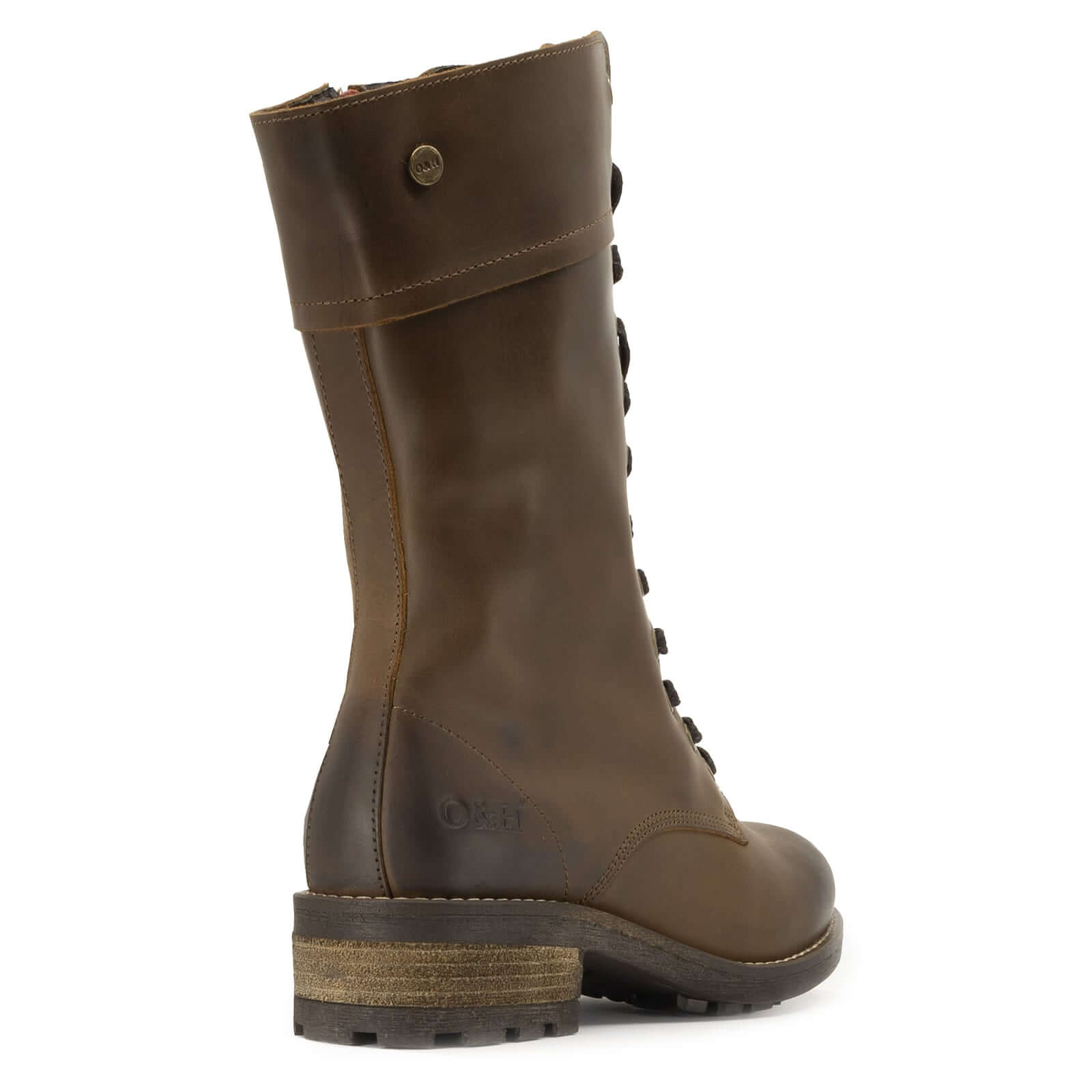 Rear view of dark brown Bridge 12 military boots highlighting heel construction