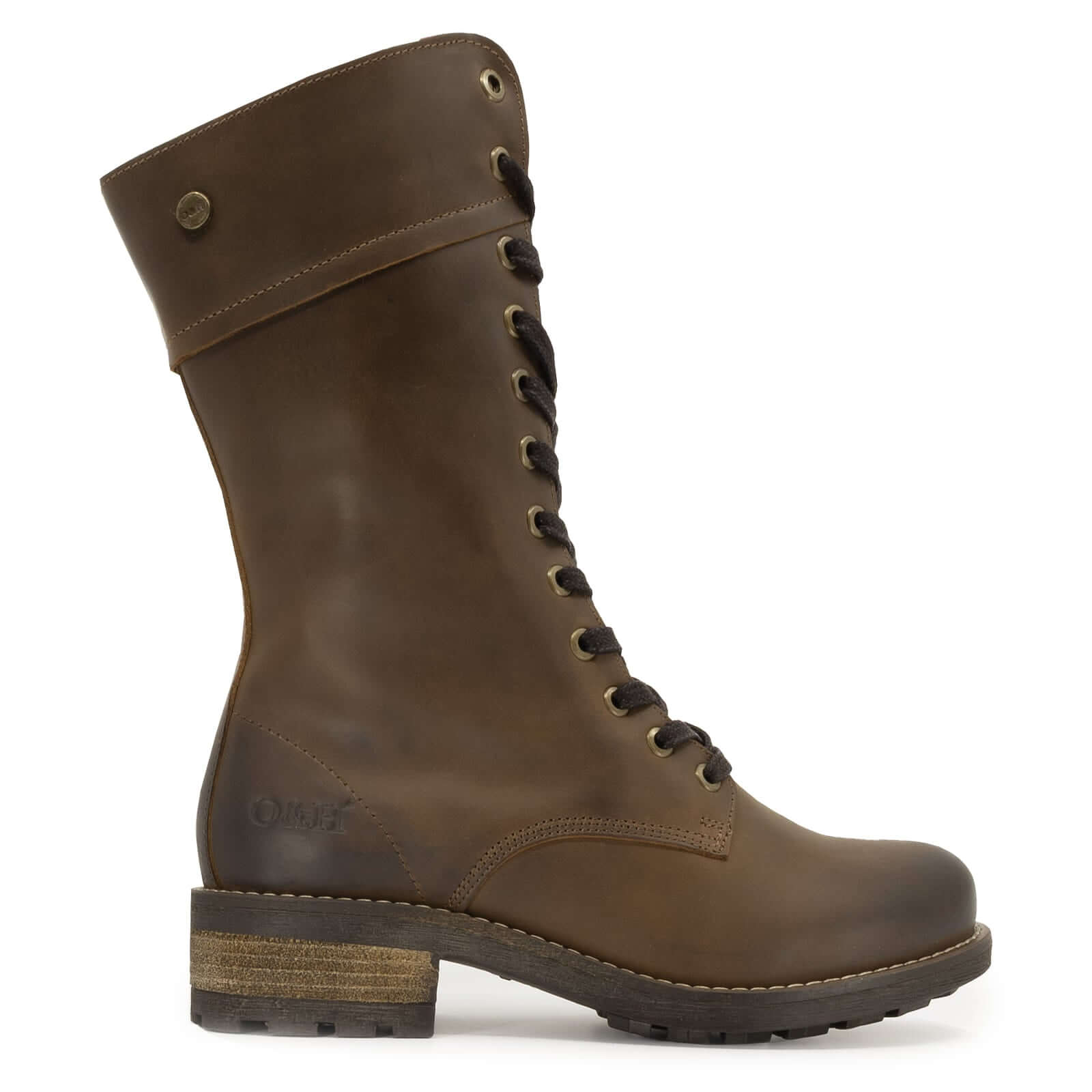 Rear three quarter view of dark brown Bridge 12 military boots showing heel and back seam