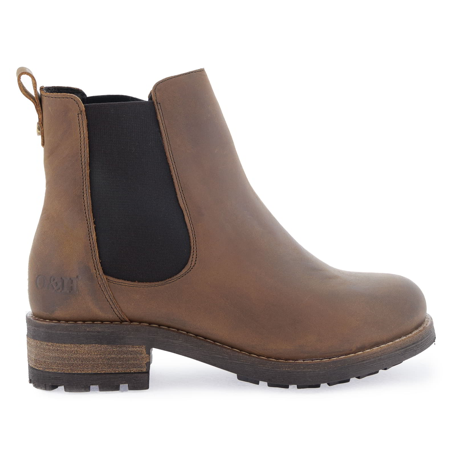 Side profile of dark brown Bridge Chelsea 2 boots showing elastic side panel