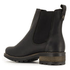 side angled view of black bridge chelsea boots showing elastic side gussets