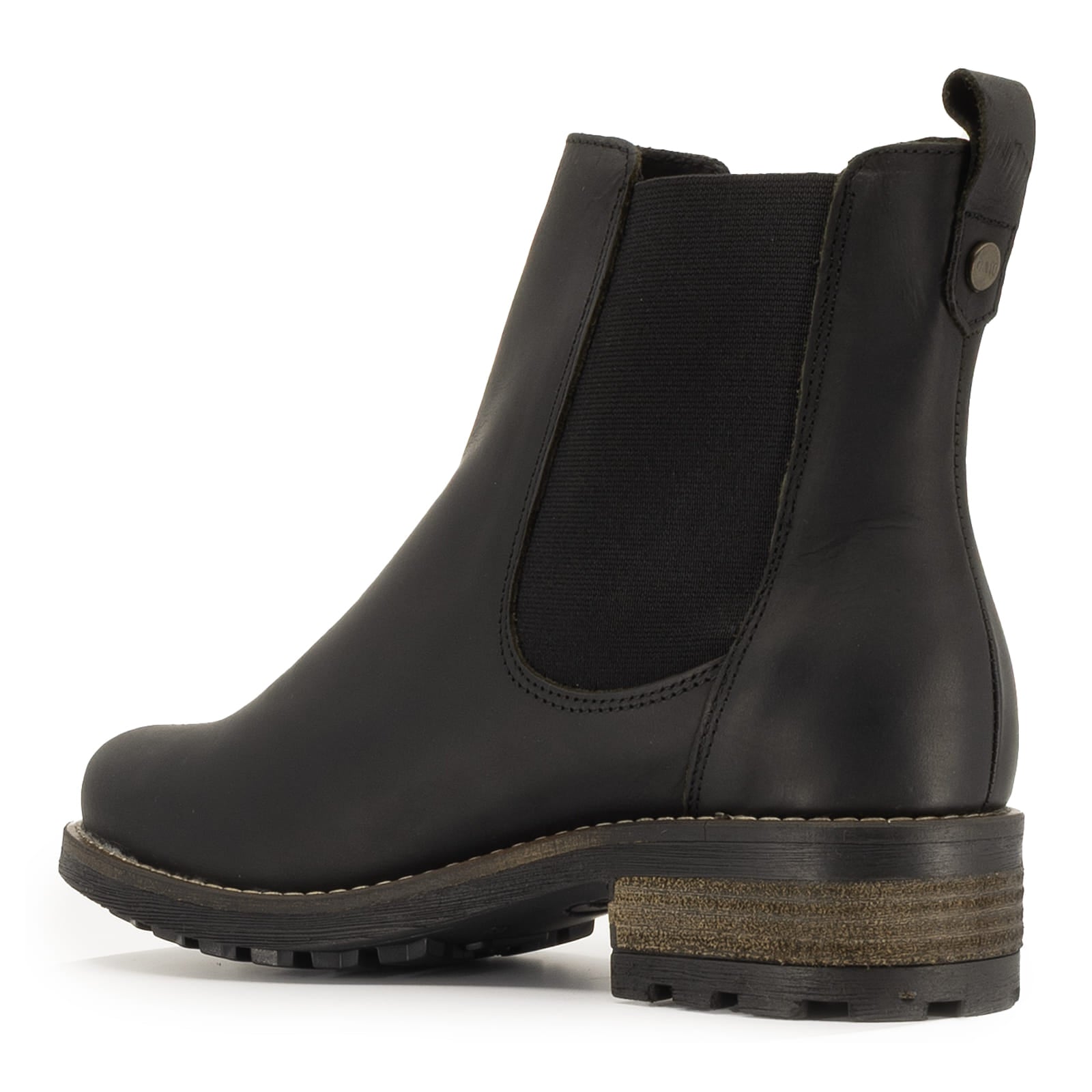 side angled view of black bridge chelsea boots showing elastic side gussets