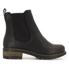 side profile view of black bridge chelsea boots showing leather upper and branding