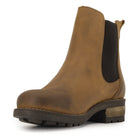 front on view of cognac bridge chelsea boots showing toe close up and leather upper