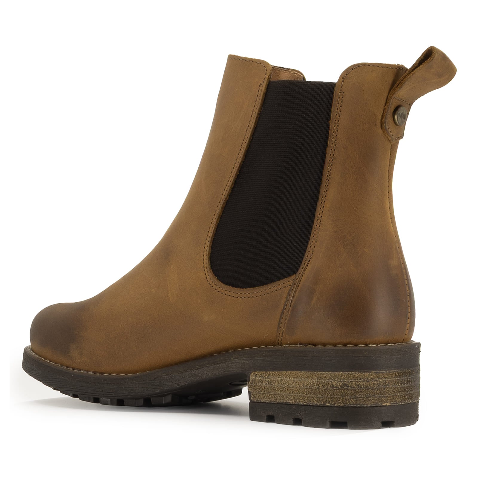 inside angled view of bridge chelsea boots in cognac showing elastic gussets