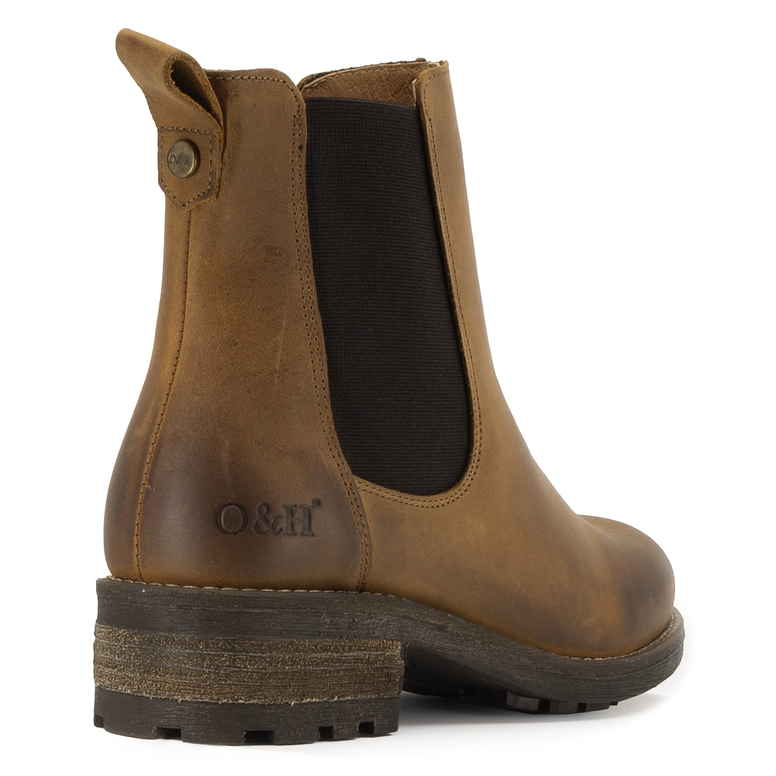Rear angled view of cognac Bridge Chelsea 2 boots showing heel and pull tab