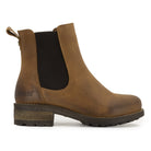 Outer side view of cognac Bridge Chelsea 2 boots showing ankle height and stacked heel