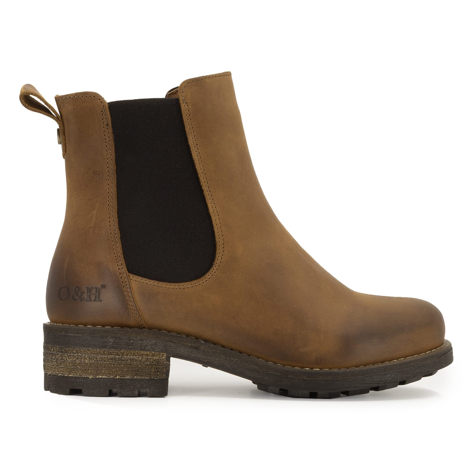 Outer side view of cognac Bridge Chelsea 2 boots showing ankle height and stacked heel