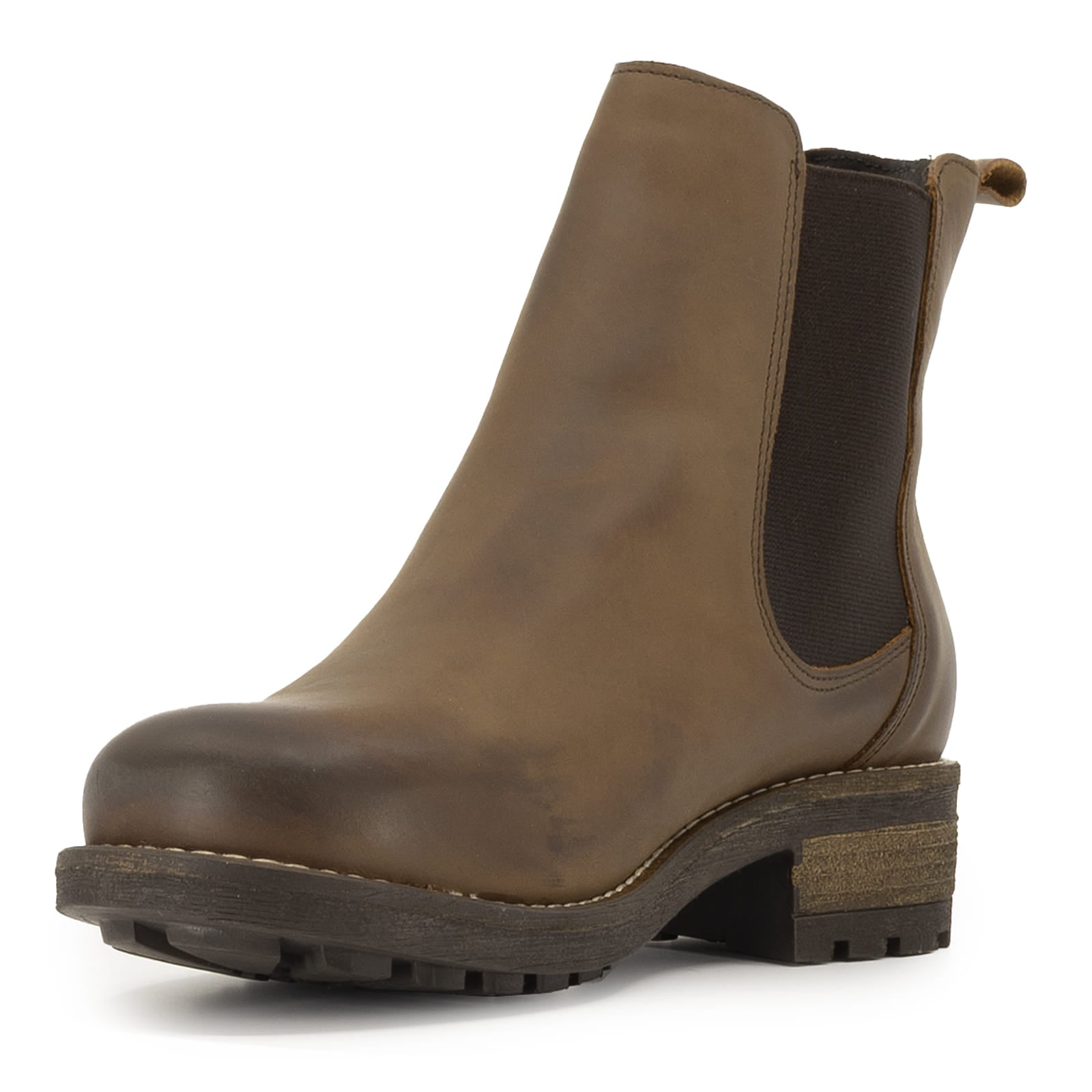 front on view of brown bridge chelsea boots showing toe and leather upper