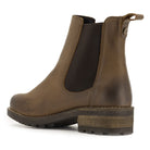 rear view of brown bridge chelsea boots showing block heel and elastic gusset