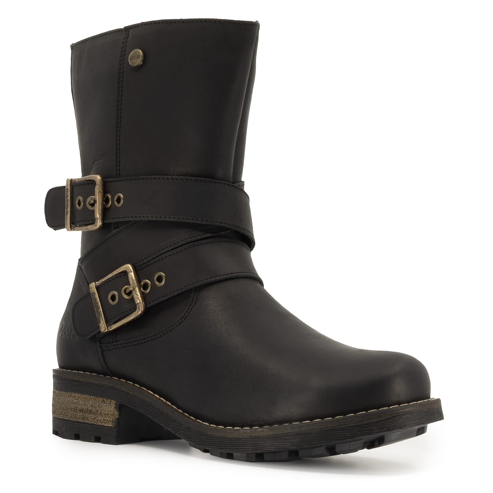 Front angled view of black Bridge Demi 2 ankle boots with double buckle fastening