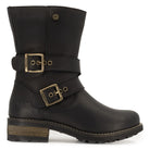 Side angled view of black Bridge Demi 2 ankle boots showing buckle hardware