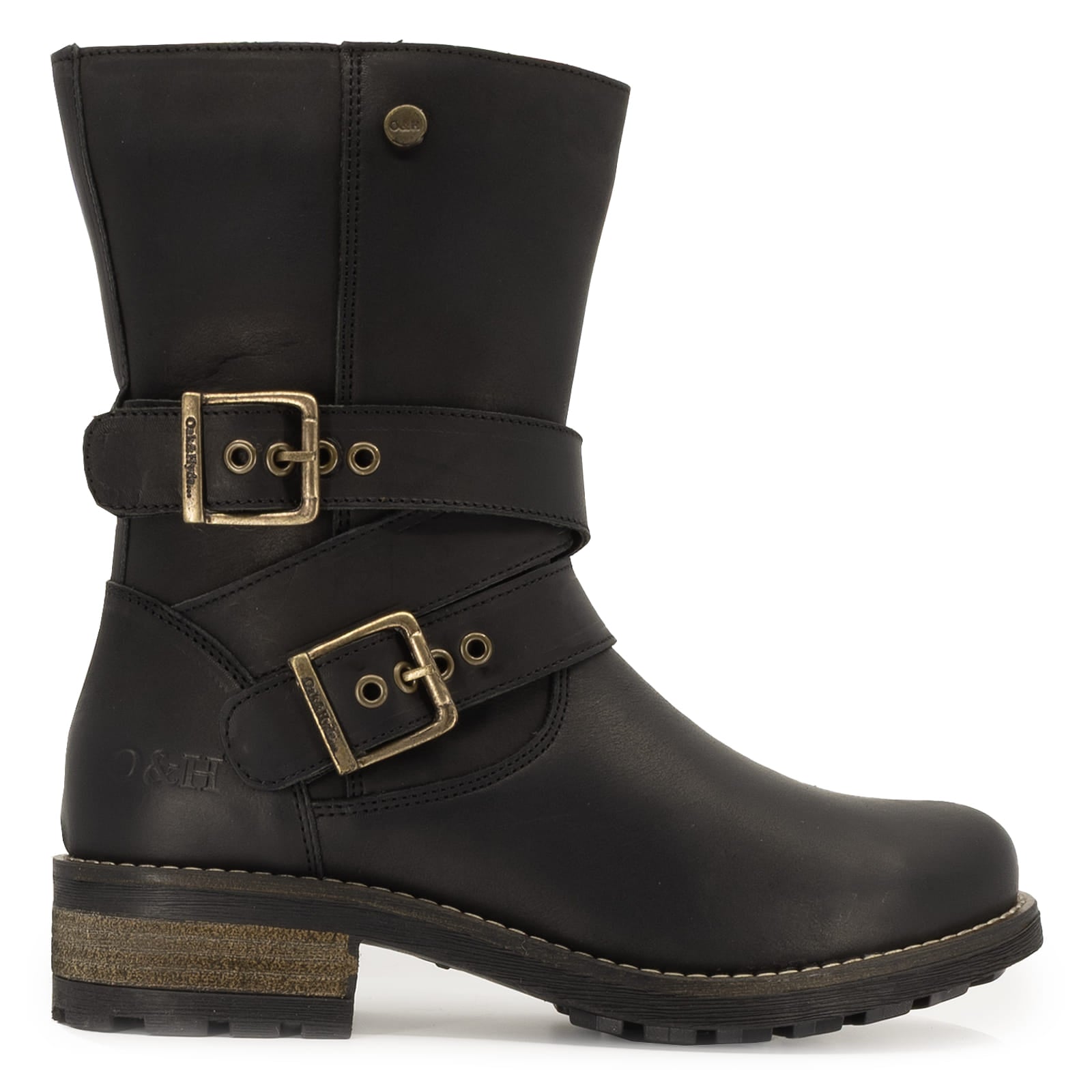 Side angled view of black Bridge Demi 2 ankle boots showing buckle hardware