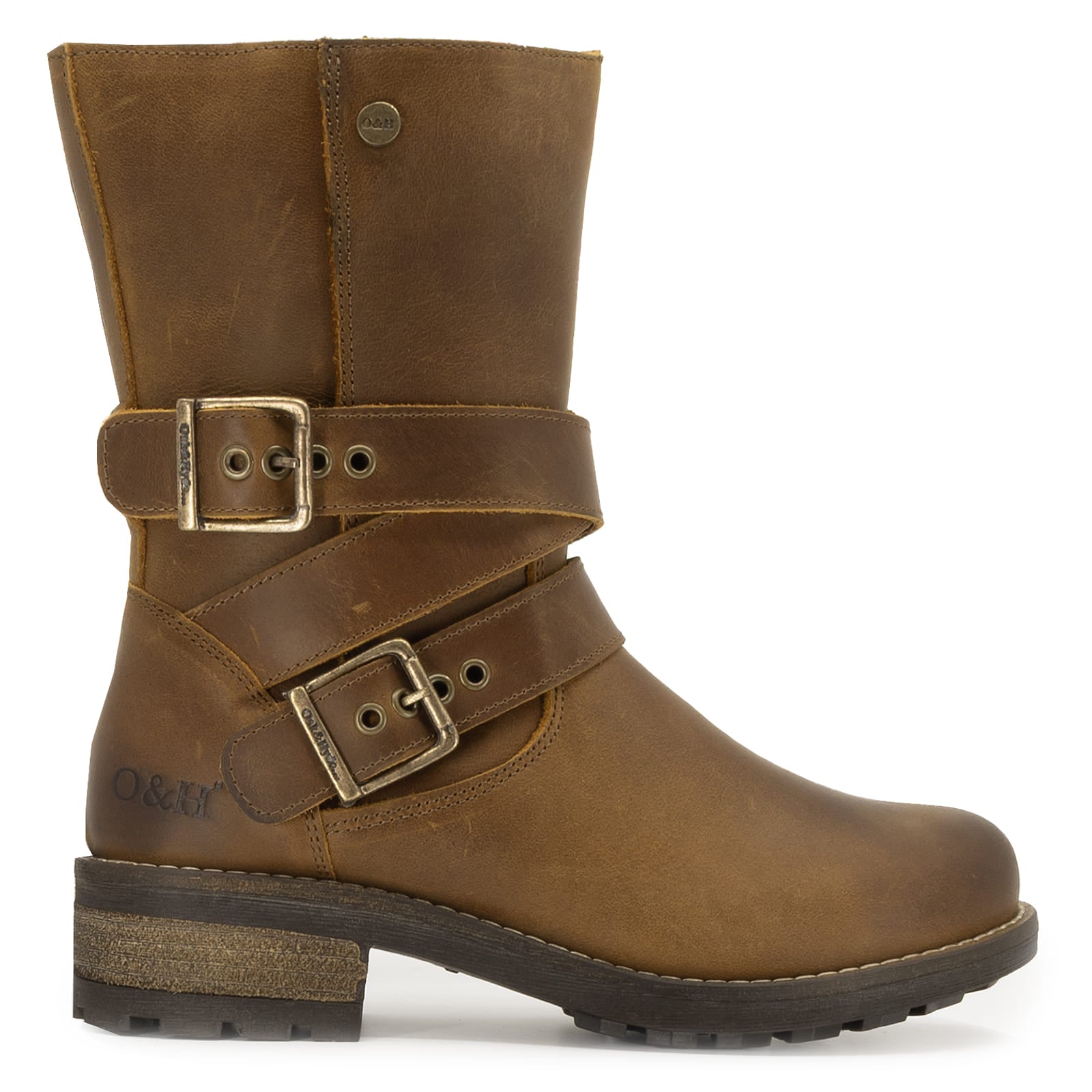 Outer side view of cognac Bridge Demi 2 ankle boots highlighting buckle fastening