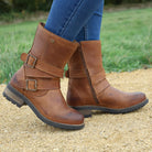 Cognac Bridge Demi 2 ankle boots worn with jeans outdoors on a gravel path