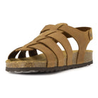 front view of tan oak & hyde castro sandals highlighting multi strap construction and cork midsole