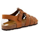 Rear view of tan leather fisherman sandal showing adjustable heel strap and cork footbed