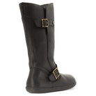 heel view of black cedar barefoot boots showing O&H branding and buckles