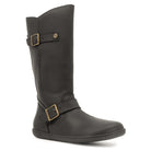 angled outside view of black cedar barefoot boots showing leather upper and buckles