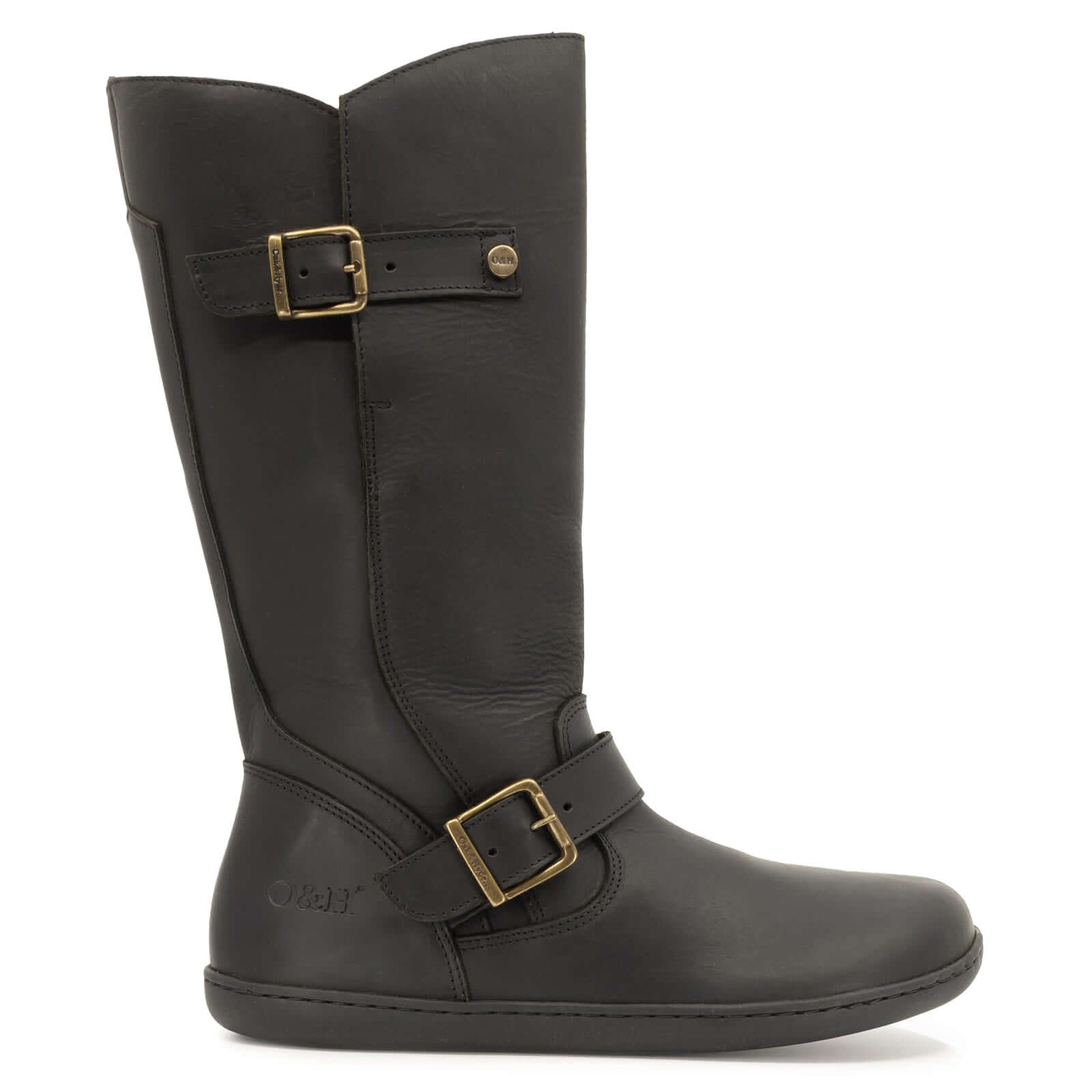 side view of black cedar barefoot boots showing buckle detailing