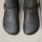 top down view of cedar barefoot boots in black showing the toe shape