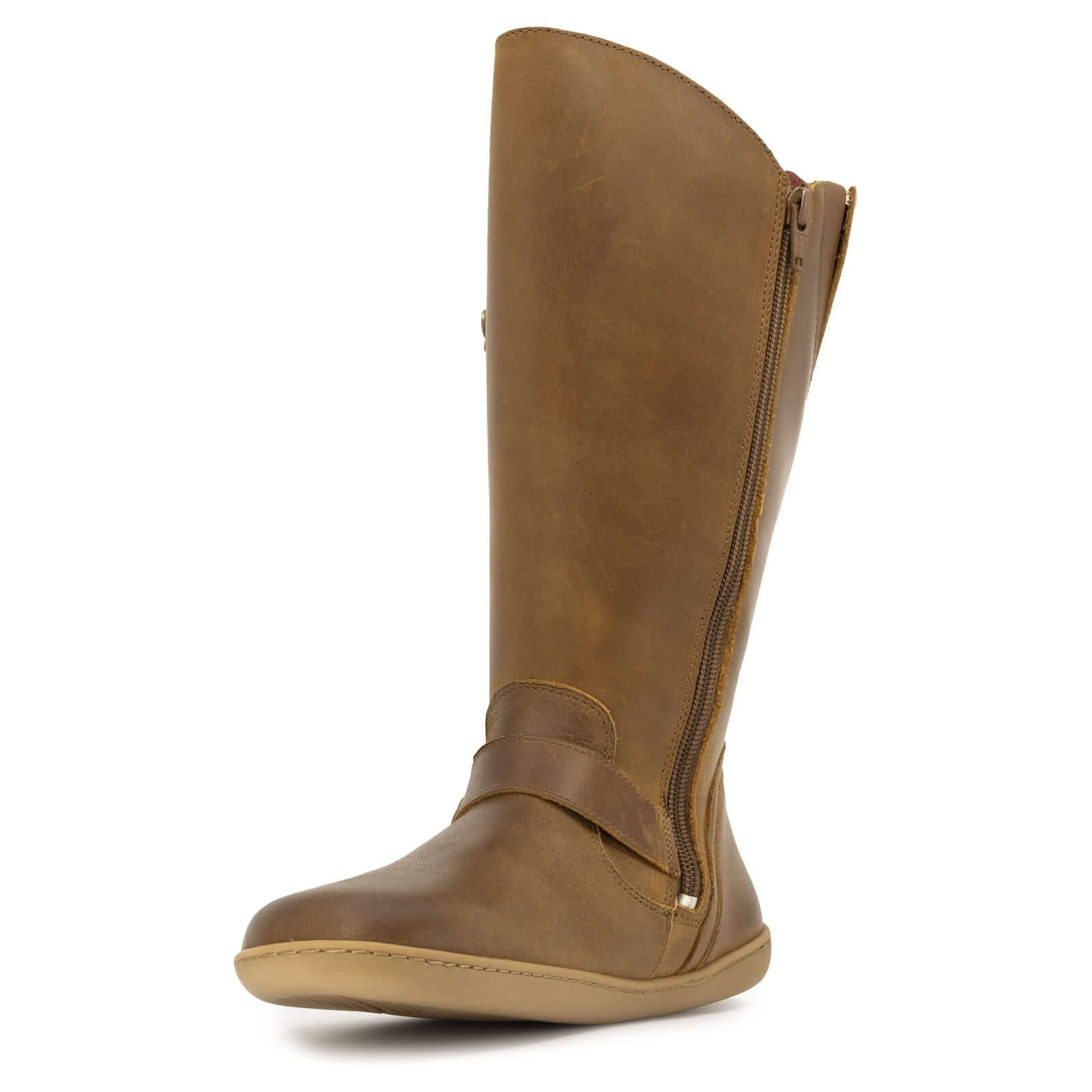 tan barefoot boots with inside zip on white background