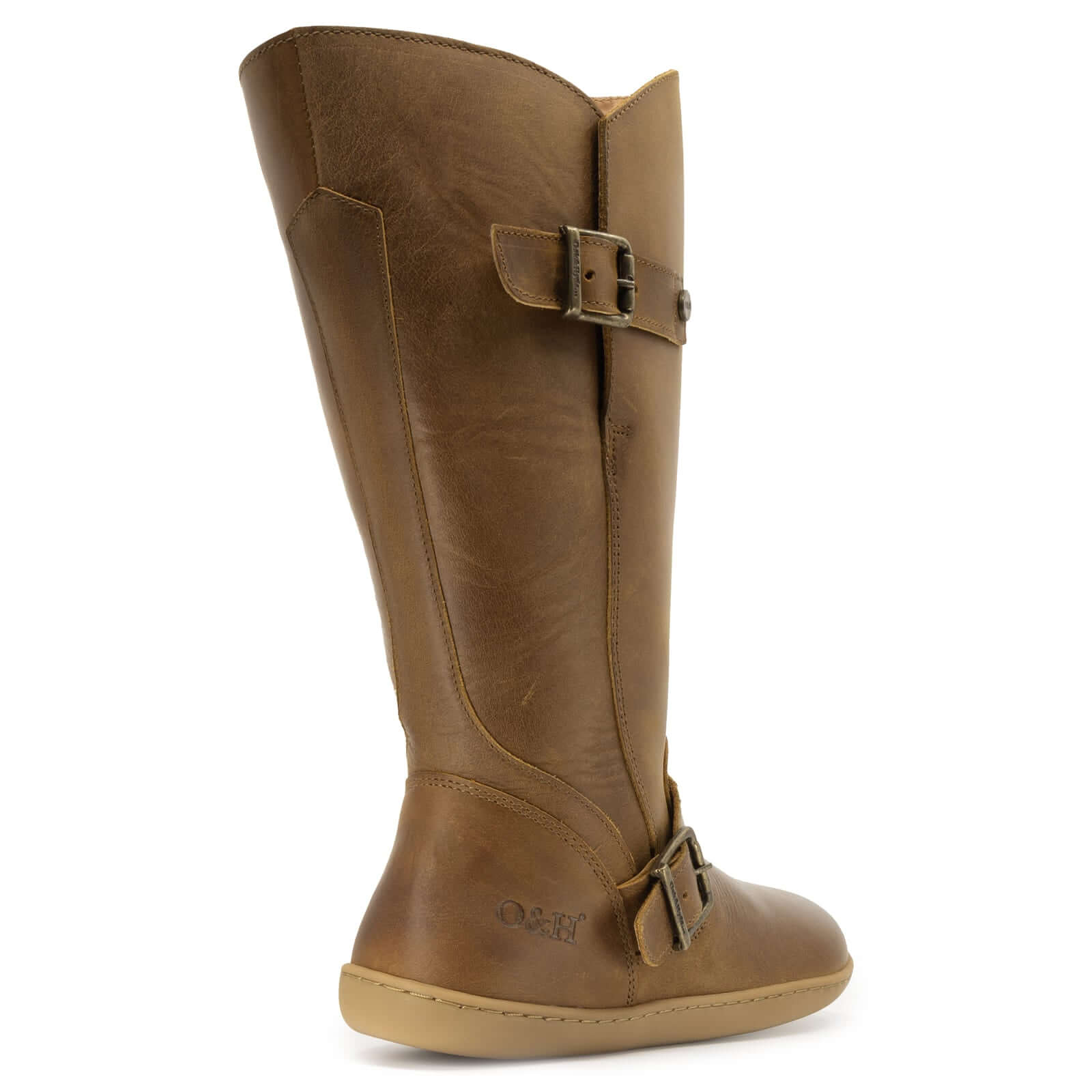 tan leather barefoot boots showing O&H heel logo on white background