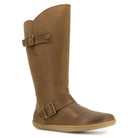 front angle view of tan barefoot boots with gum outsole on white background