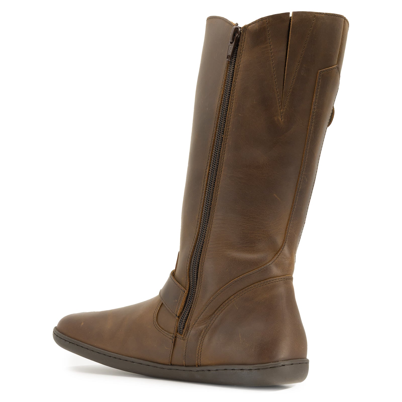 inside angled view of cedar barefoot boots in dark brown showing inside zipper
