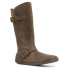 angled outside view of dark brown cedar barefoot boots showing leather upper