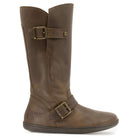 side view of dark brown cedar barefoot boots showing buckle detailing and upper design