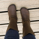 top down view of cedar barefoot boots in dark brown showing the toe shape