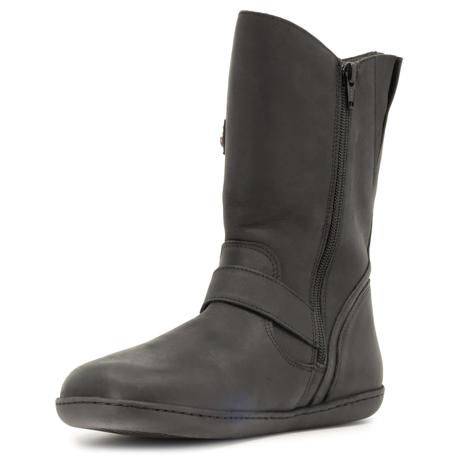 front angled view of cedar demi barefoot boots in black showing leather upper