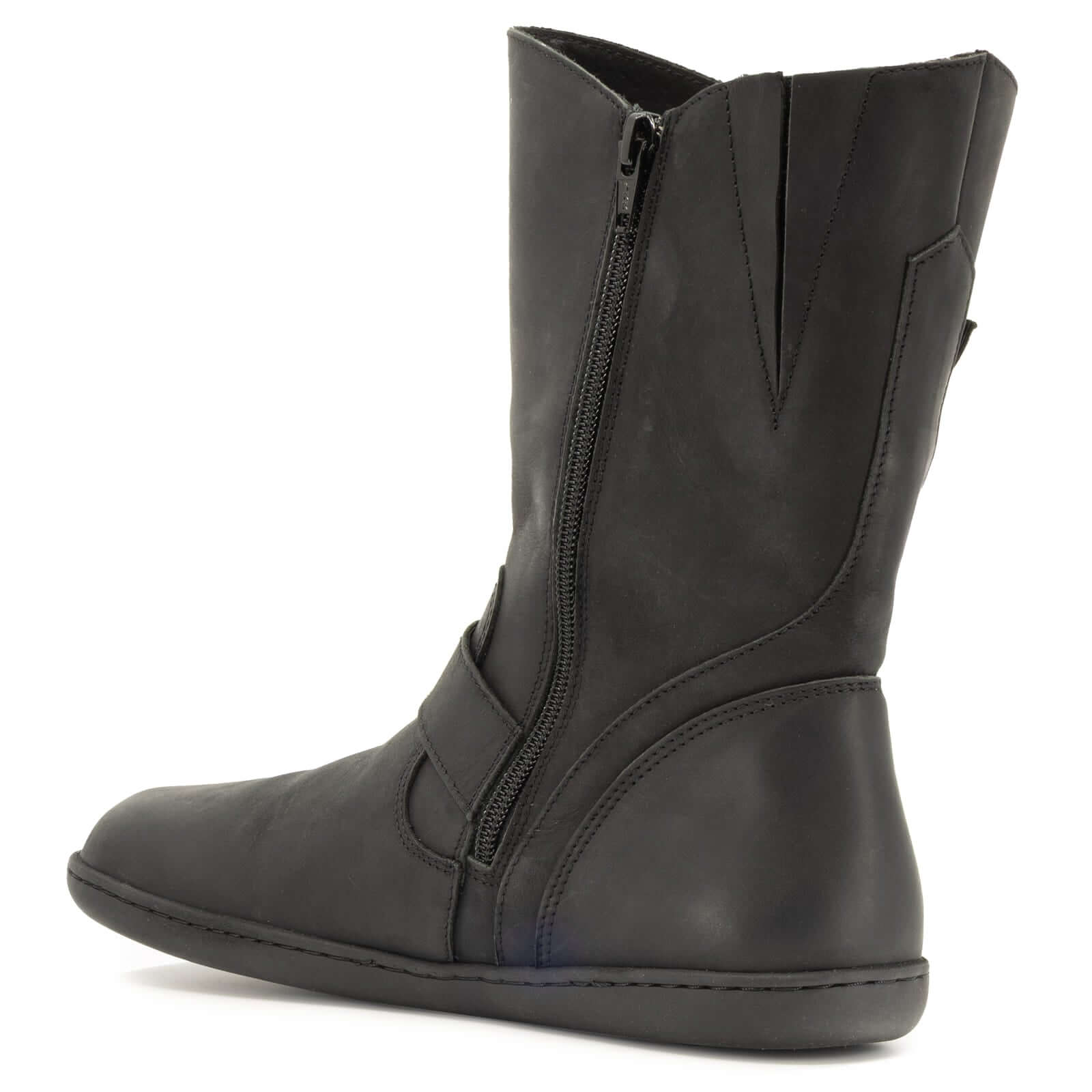inside angled view of black cedar demi barefoot boots showing boot height and zip