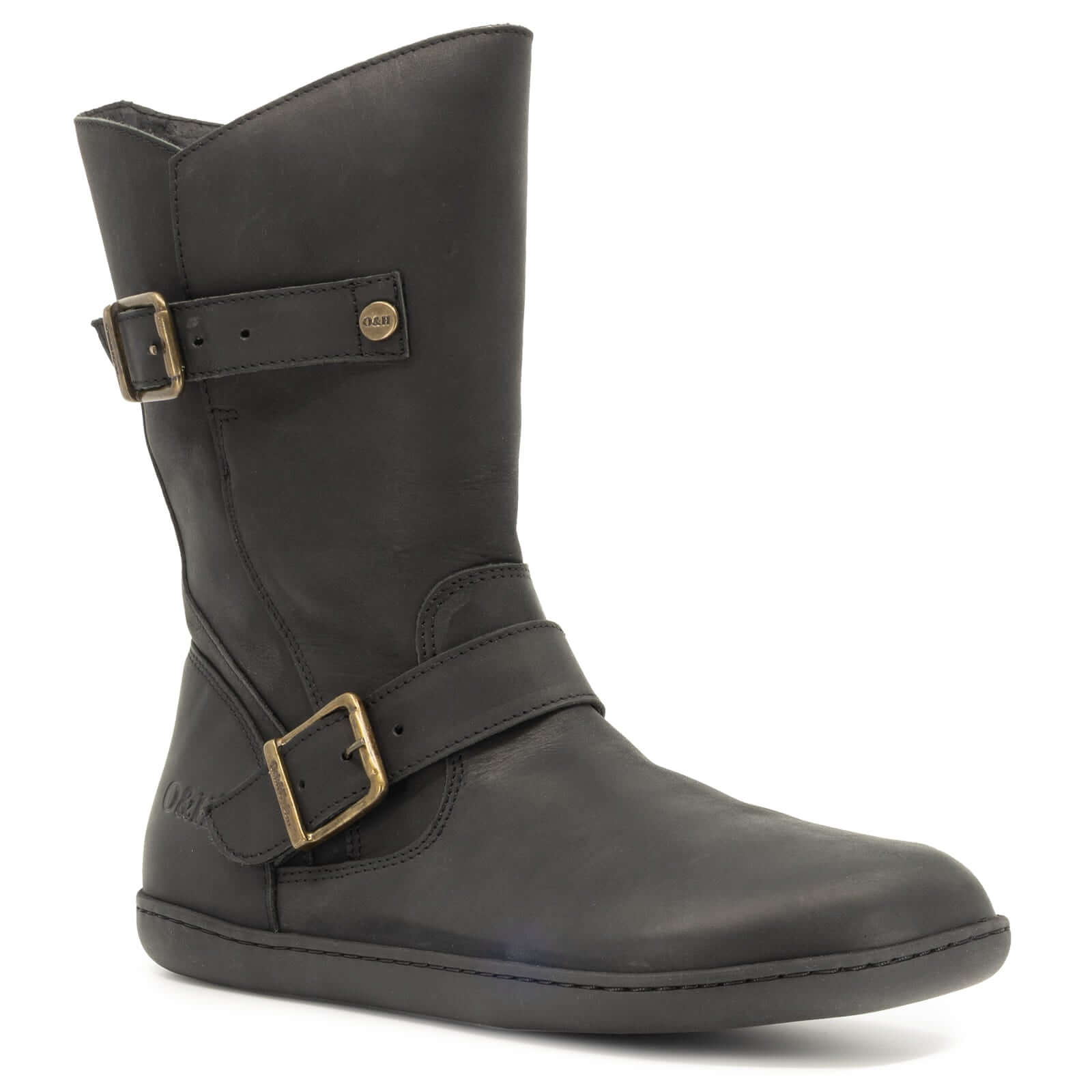 outside angled view of black cedar demi barefoot boots showing leather upper