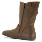 inside angled view of cedar demi barefoot boots in dark brown showing inside zip