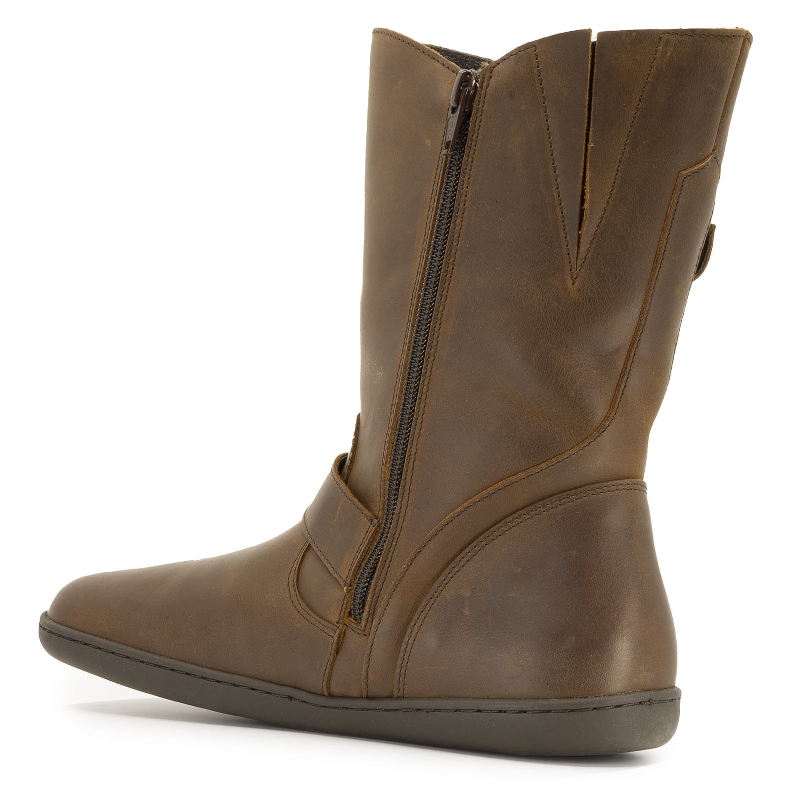 inside angled view of cedar demi barefoot boots in dark brown showing inside zip
