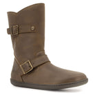 angled outside view of cedar demi barefoot boots in brown showing boot height and buckles