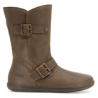 Side view of cedar demi barefoot boots in dark brown showing buckle detail