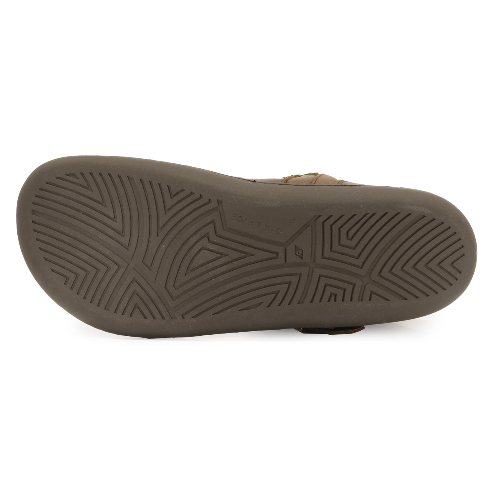 view of zero drop outsole of cedar demi barefoot boots in dark brown showing tread pattern