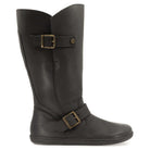 side view of black wide calf barefoot boots showing buckle detailing on white background