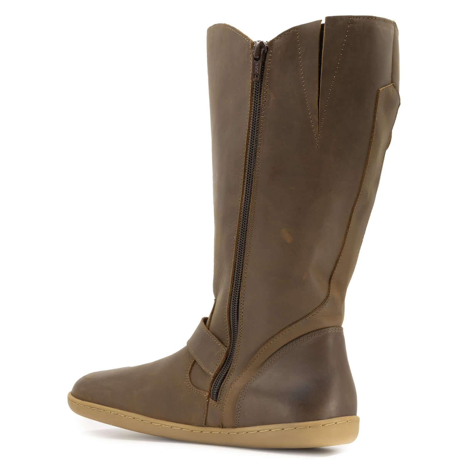 cedar wide calf brown barefoot boots inside angled view showing full inside zip