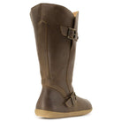 rear heel view of cedar wide calf barefoot boots in brown showing branding and buckles