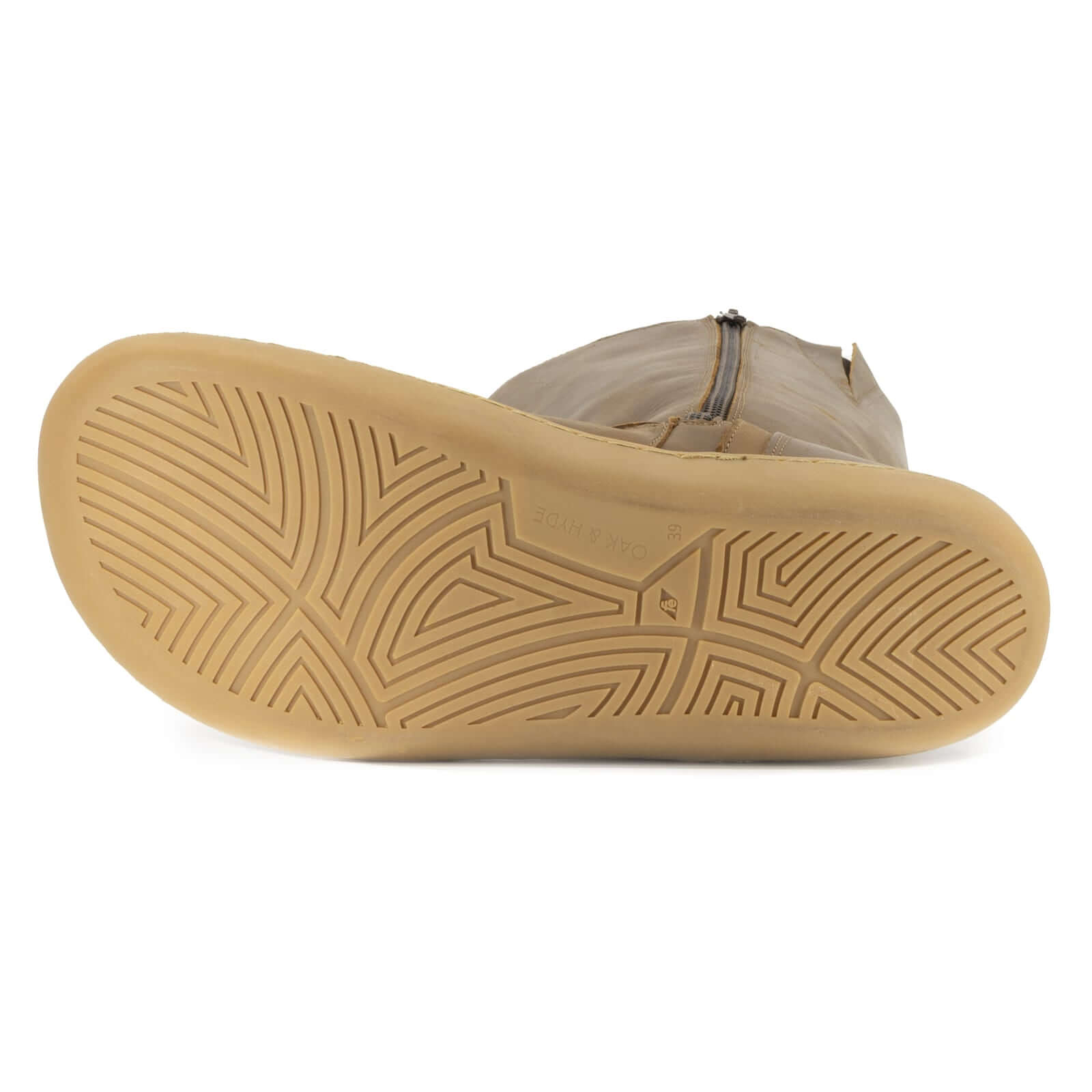zero drop gum outsole of cedar wide calf barefoot boots in brown showing tread pattern