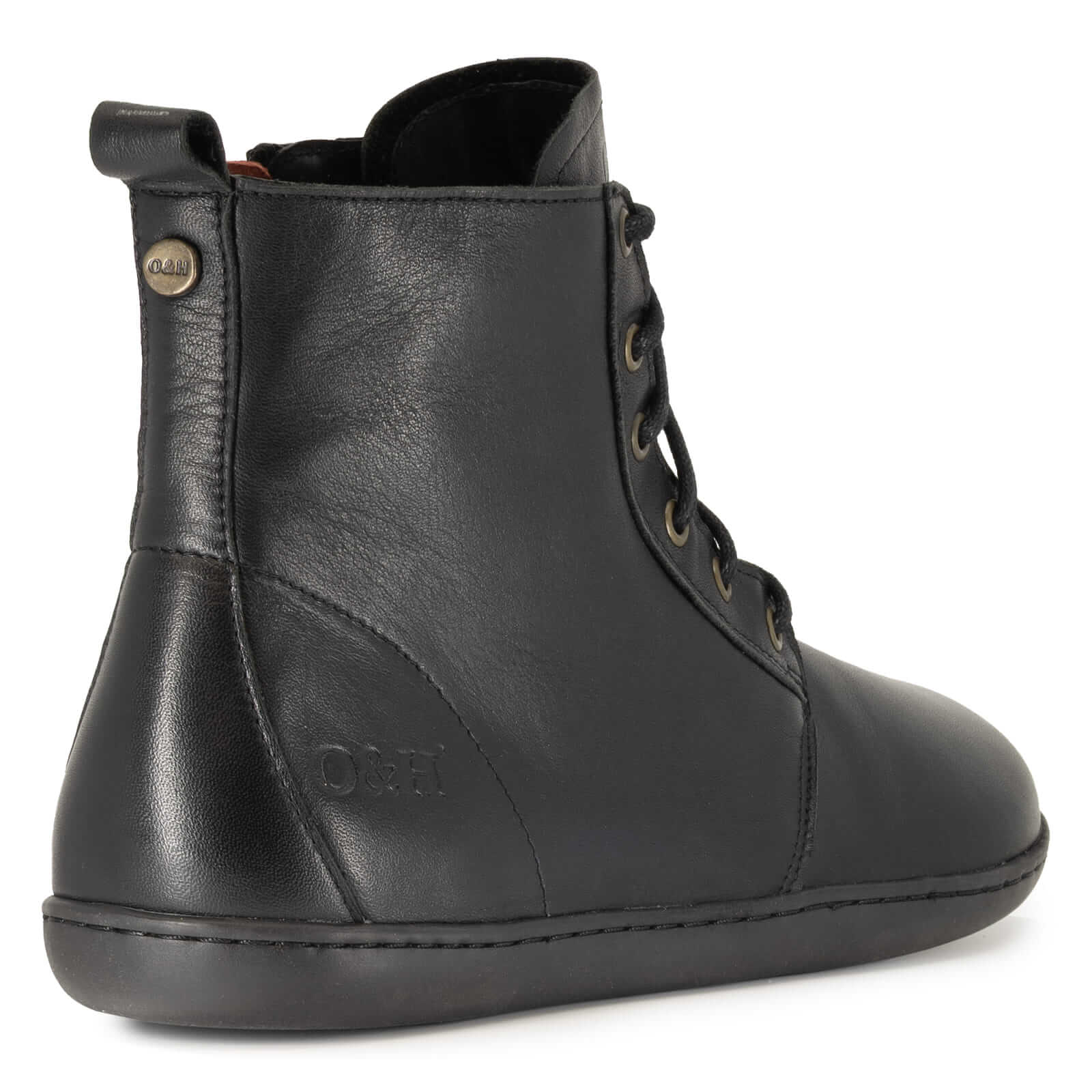 rear view of cherry barefoot boots in black showing O&H branding and heel pull tab