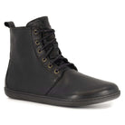 angled view of cherry barefoot an ankle boots in black showing front laces