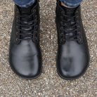 top down view of womens cherry barefoot boots in black showing the natural toe shape