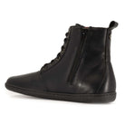 inside angled view of cherry barefoot ankle boots in black showing inside zip