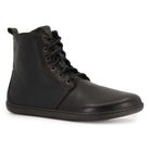 angled view of cherry barefoot an ankle boots in black showing front laces