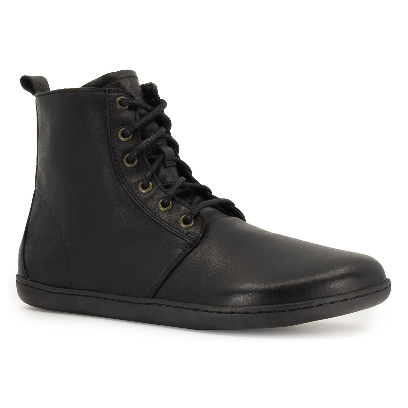 angled view of cherry barefoot an ankle boots in black showing front laces