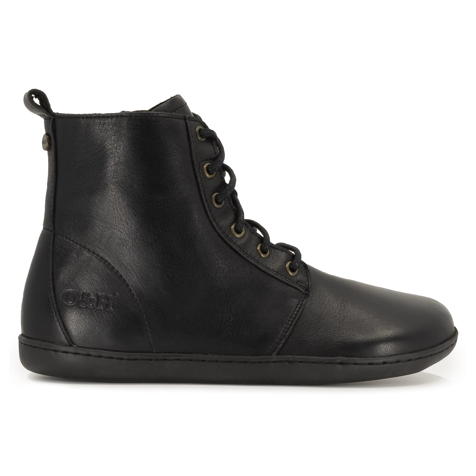 side profile of cherry barefoot boots in black showing leather upper and branding